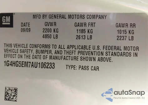 2010 Buick Lucerne Cxl-5 z USA, uszkodzony, nr VIN 1G4HG5EM7AU106233